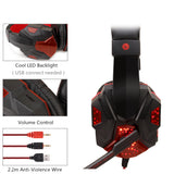 Gaming headset with LED backlight, volume control, and anti-violence wire on a white background