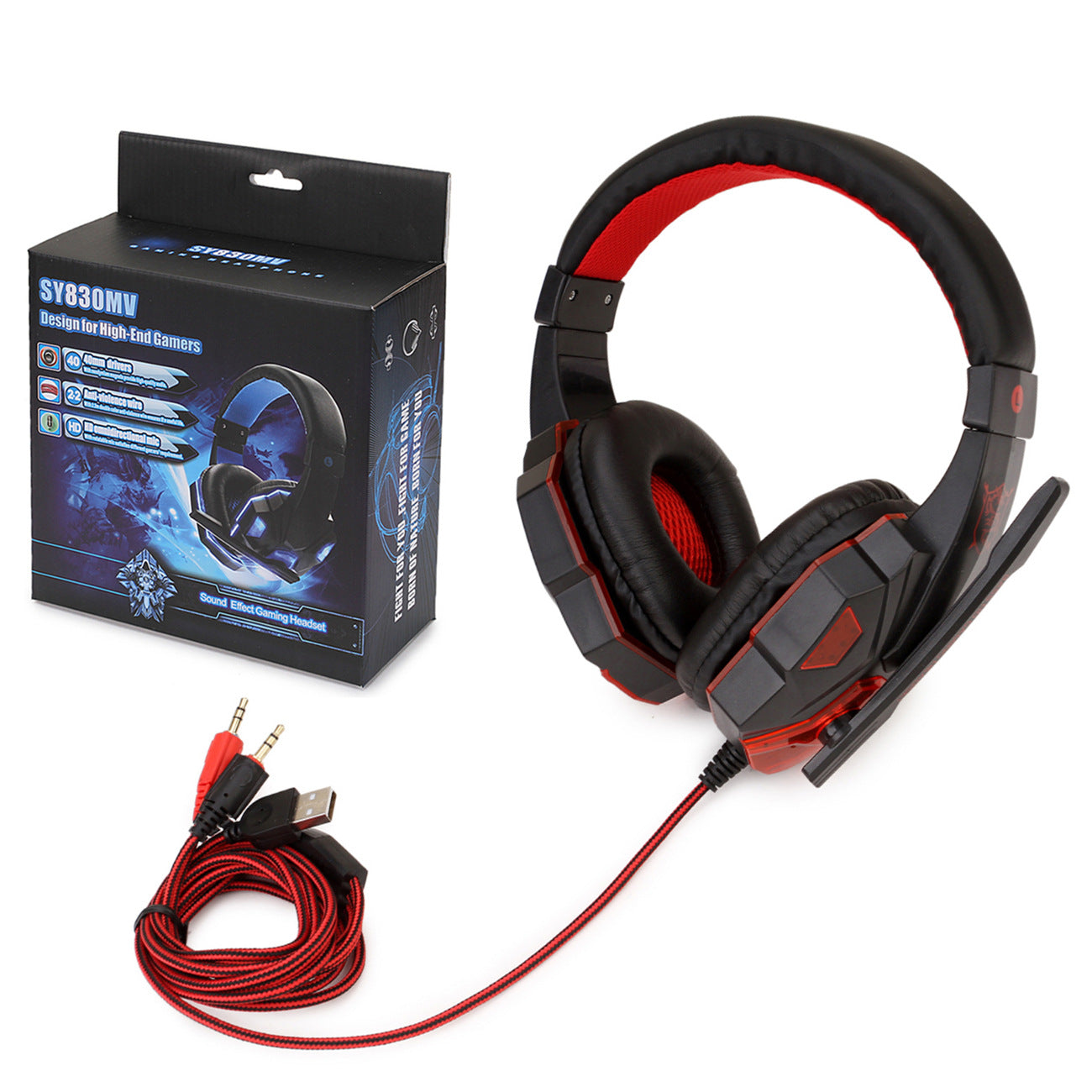 Black and red gaming headset with microphone, cable, and packaging on a white background