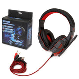 Black and red gaming headset with microphone, cable, and packaging on a white background