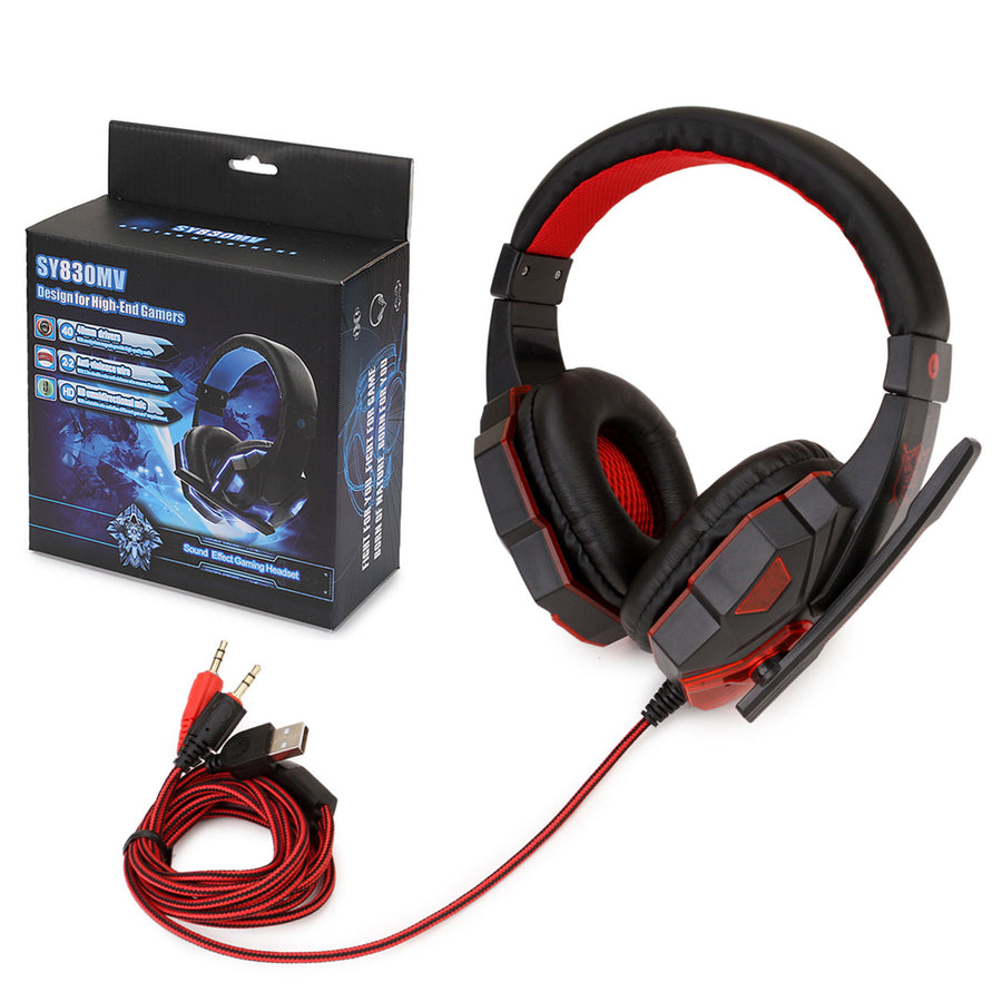 Black and red gaming headset with microphone, cable, and packaging on a white background