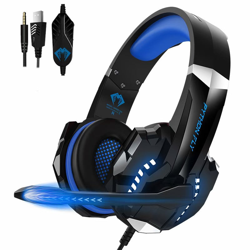 Gaming headset with blue accents and microphone, accompanied by a cable on a white background.