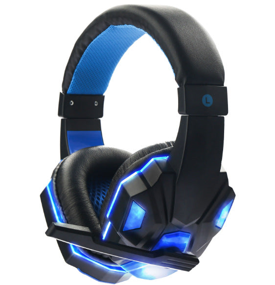 Black and blue gaming headset with LED lights on a white background