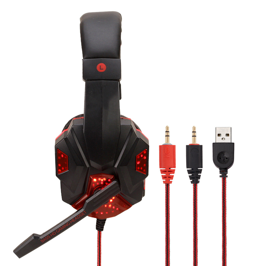 Gaming headset with microphone, cables, and USB adapter on a white background