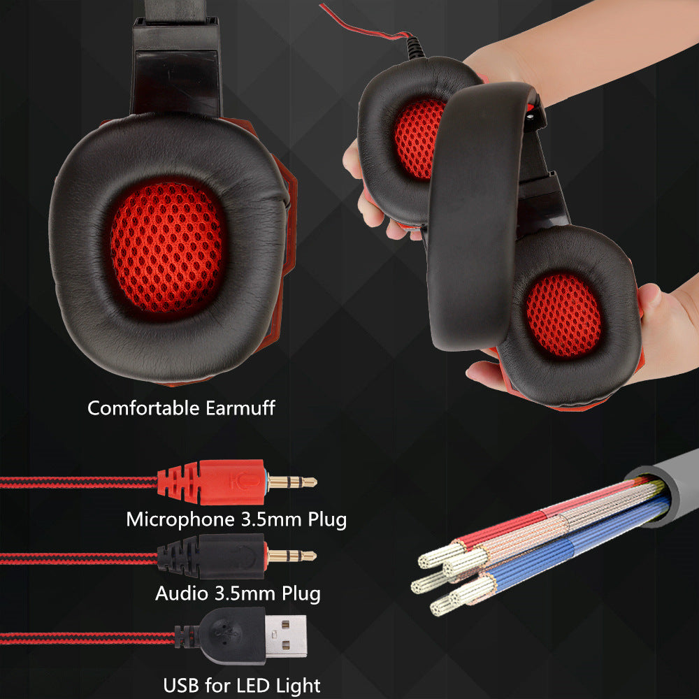 Black and red gaming headset with ear cushions, microphone, audio, and USB cable on a dark background.