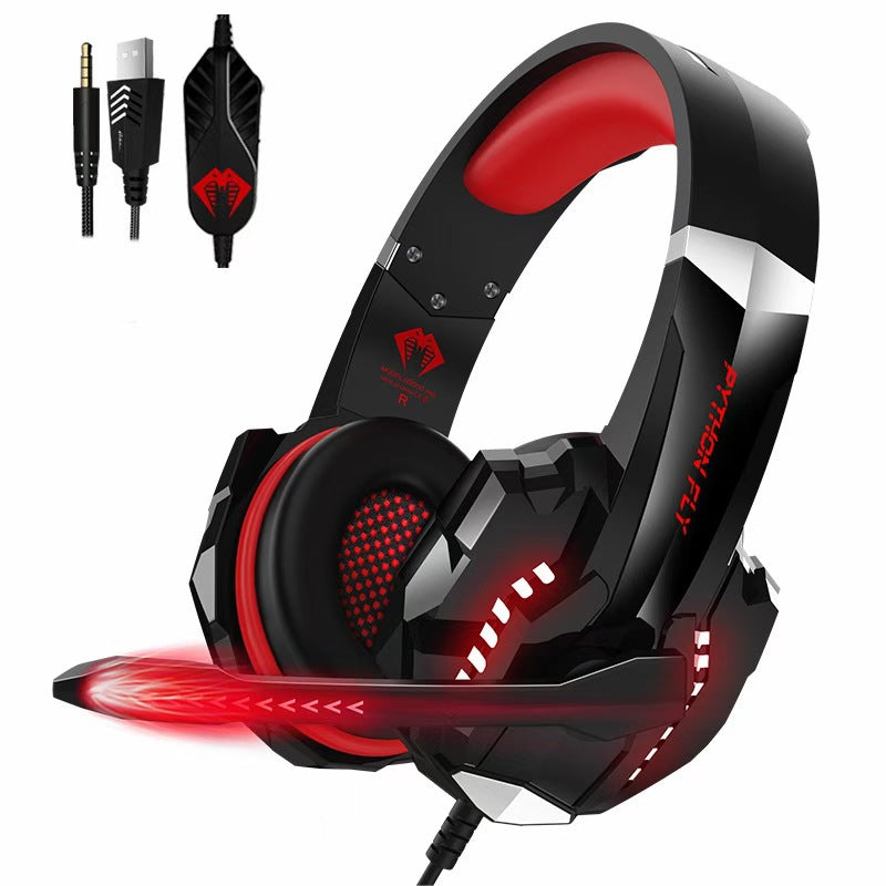 Gaming headset with red accents and microphone on a white background