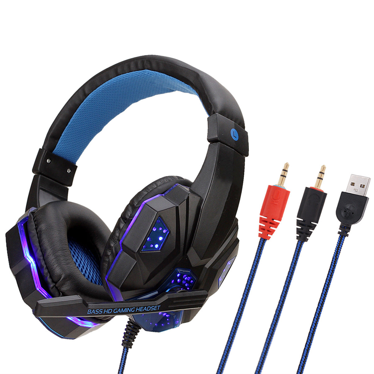 Gaming headset with LED lights and cables on a white background