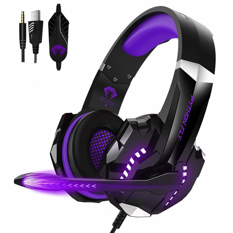 Gaming headset with purple lighting and accessories on a white background