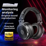 Black headphones with text about monitoring analysis, original sound reproduction, HiFi sound quality, three-band equalization, and Hi-Res Audio on a dark background.