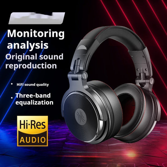 Black headphones with text about monitoring analysis, original sound reproduction, HiFi sound quality, three-band equalization, and Hi-Res Audio on a dark background.