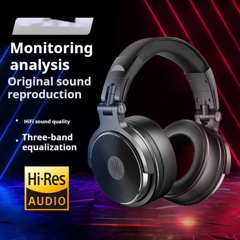 Black headphones with text about monitoring analysis, original sound reproduction, HiFi sound quality, three-band equalization, and Hi-Res Audio on a dark background.