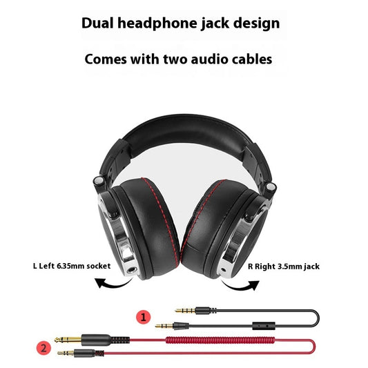 Headphones with dual headphone jack design and two audio cables on a white background