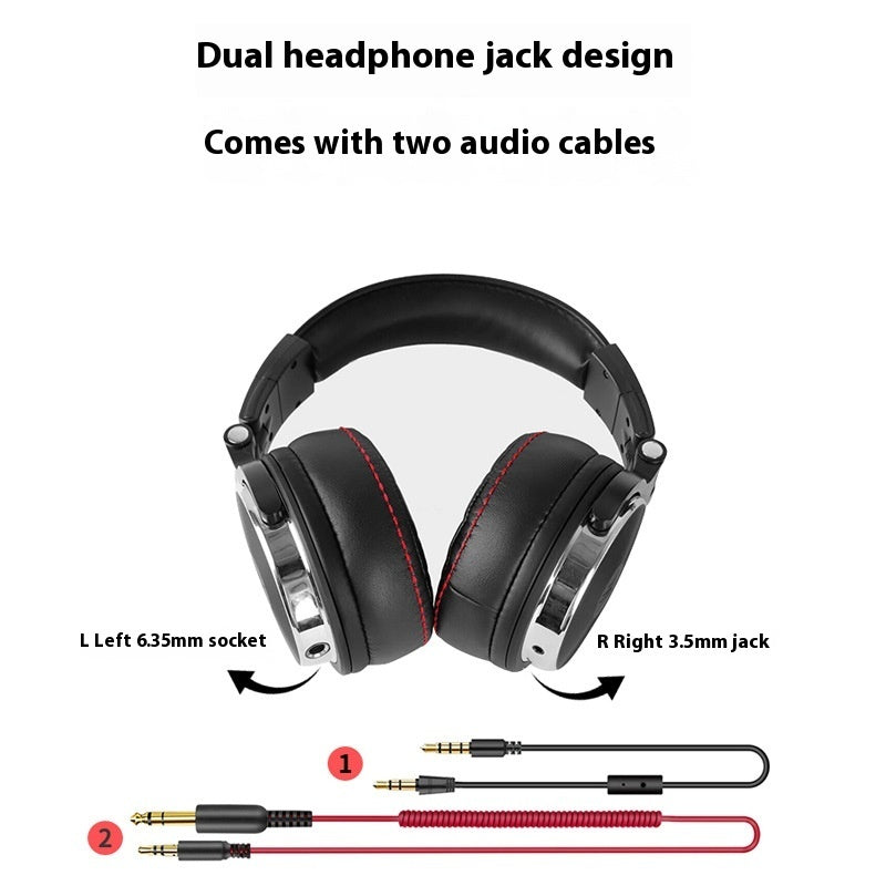 Headphones with dual headphone jack design and two audio cables on a white background