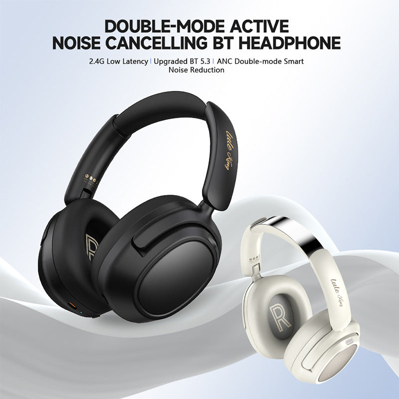 Black and white noise-cancelling headphones with product features text on a light blue background
