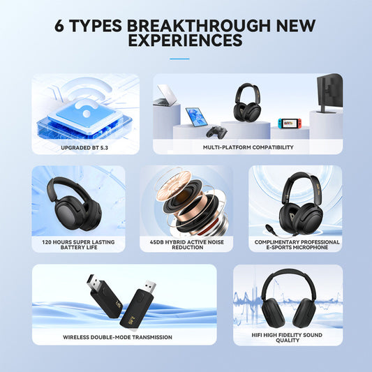 Promotional graphic showcasing features of a headset with icons and text on a light blue background.