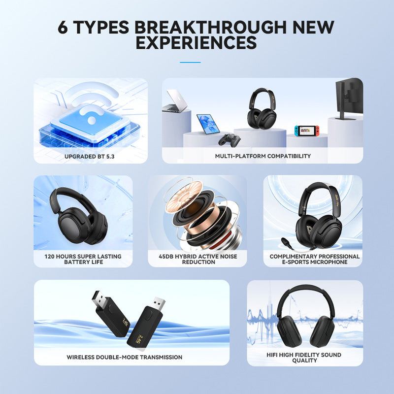 Promotional graphic showcasing features of a headset with icons and text on a light blue background.