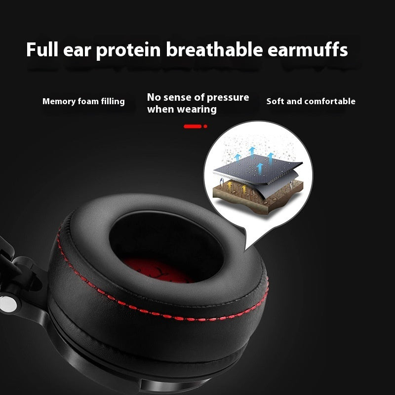 Black ear muffs with text highlighting features on a dark background