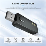 Black USB receiver with 2.4GHz connection text on a light blue background