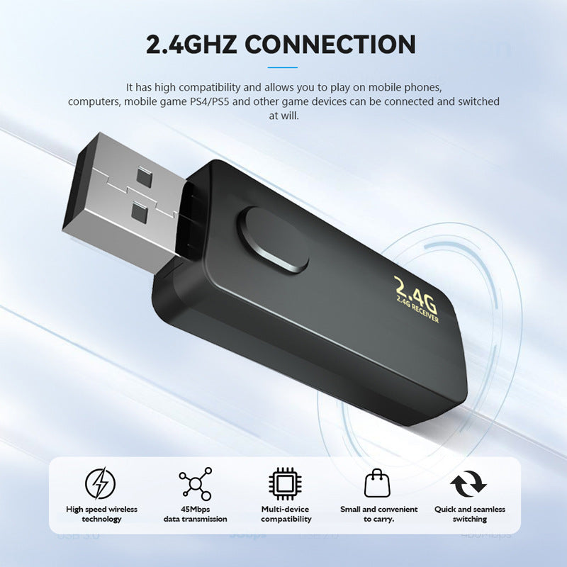 Black USB receiver with 2.4GHz connection text on a light blue background