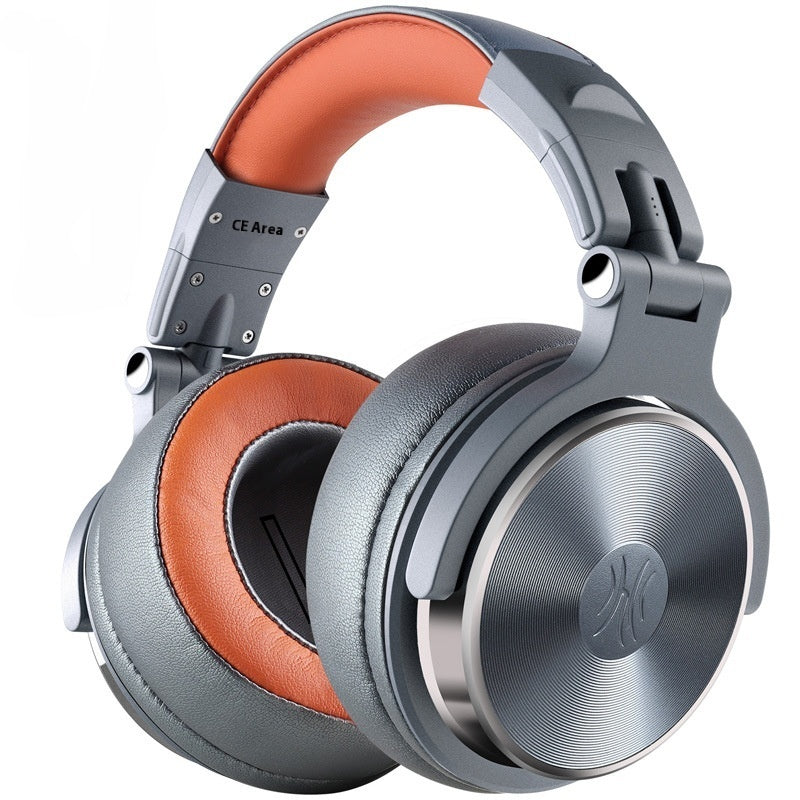 Silver headphones with brown ear cushions on a white background