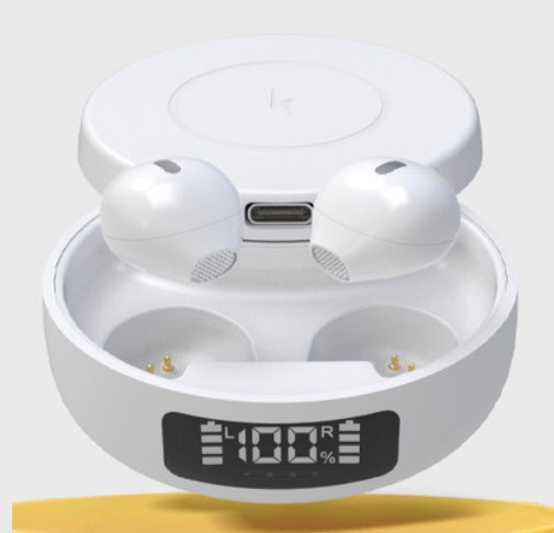 White wireless earbuds with charging case on a white background