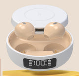 White charging case with two beige wireless earbuds on a beige background
