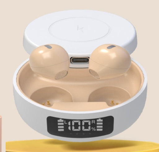 White charging case with two beige wireless earbuds on a beige background