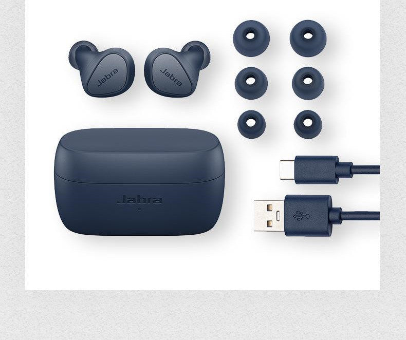 Jabra wireless earbuds with charging case, ear tips, and USB cable on a light gray background