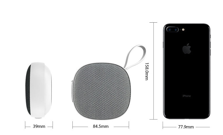 Two speakers and an iPhone with dimensions displayed on a white background