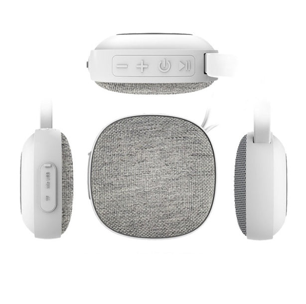 White and gray portable speaker with control buttons on a white background