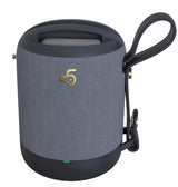 Gray portable speaker with a handle and visible brand logo on a white background