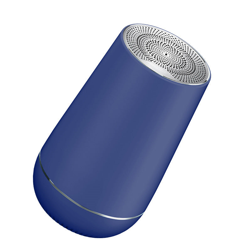 Blue cylindrical device with a silver circular component on a white background
