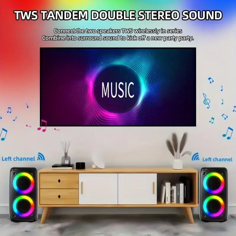 Two RGB speakers on either side of a TV with 'Music' display, featuring TWS tandem double stereo sound text.