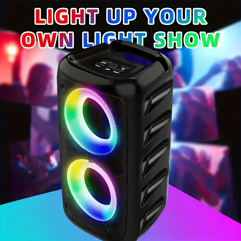 Black portable speaker with colorful LED lights on a vibrant background with text 'Light Up Your Own Light Show'.