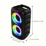 Black portable speaker with RGB lighting and dimensions on a white background