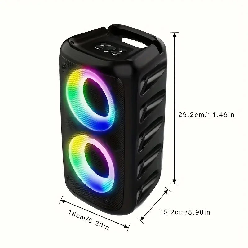 Black portable speaker with RGB lighting and dimensions on a white background