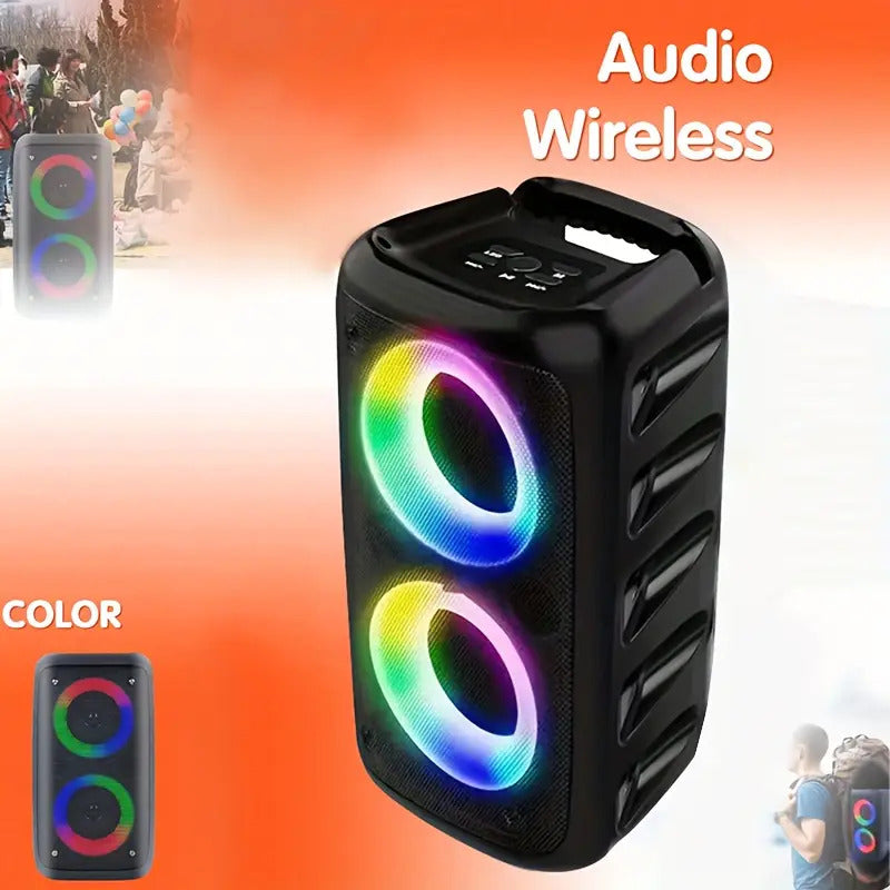 Black wireless audio speaker with RGB lighting on a colorful background