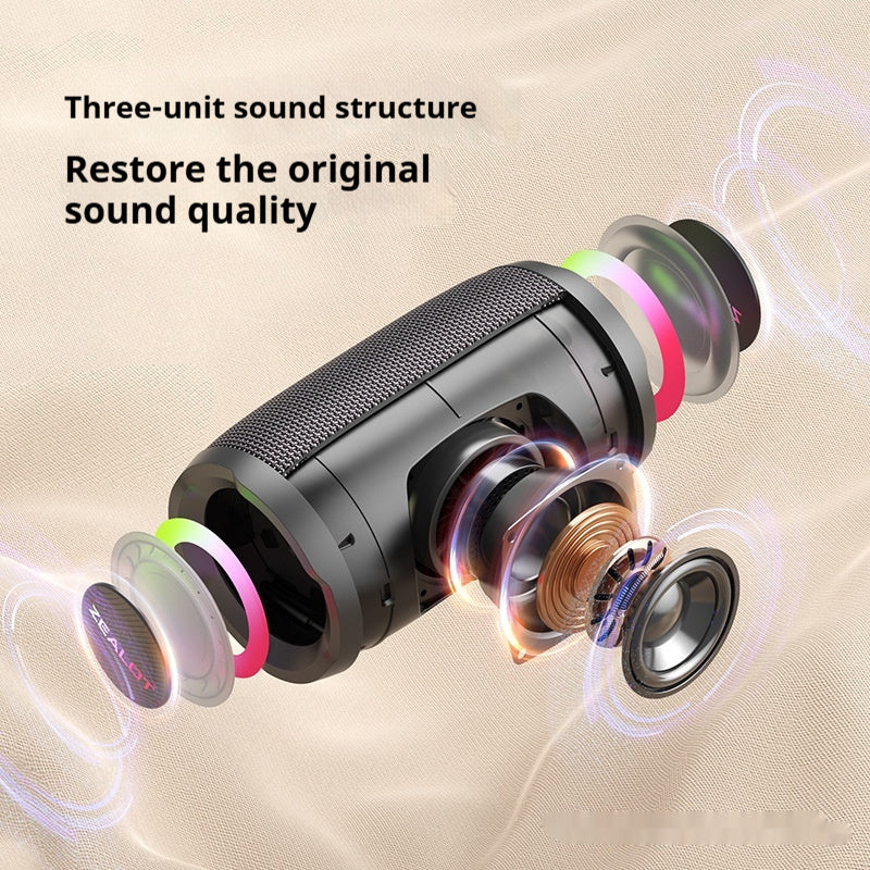 Sound system with three-unit sound structure on a beige background