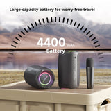 Portable speakers with a large-capacity battery indicator on a scenic background