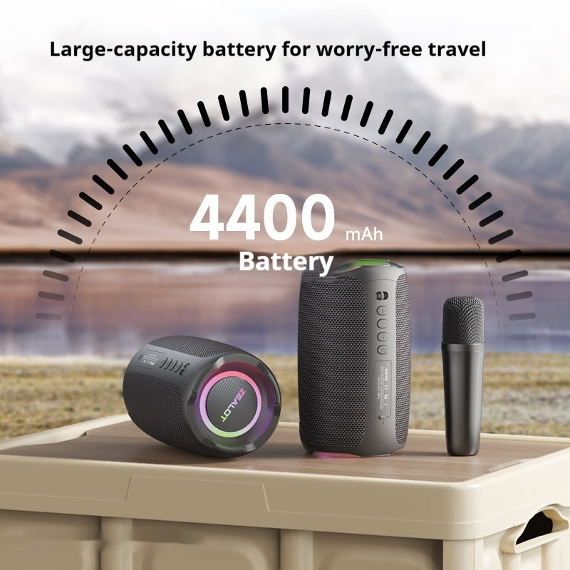 Portable speakers with a large-capacity battery indicator on a scenic background