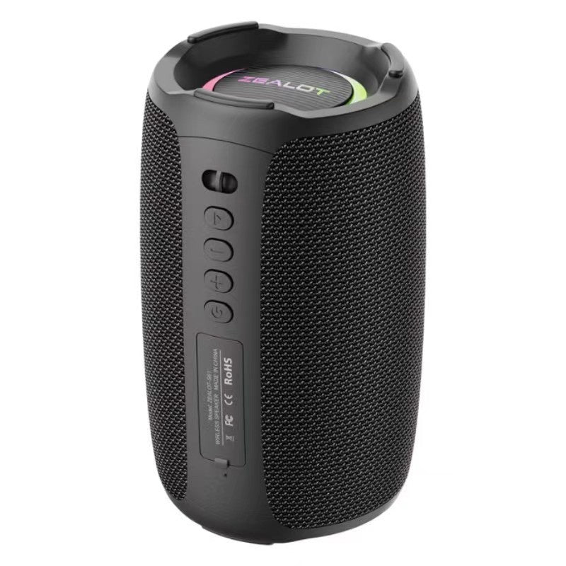Black portable speaker with visible brand logo on a white background