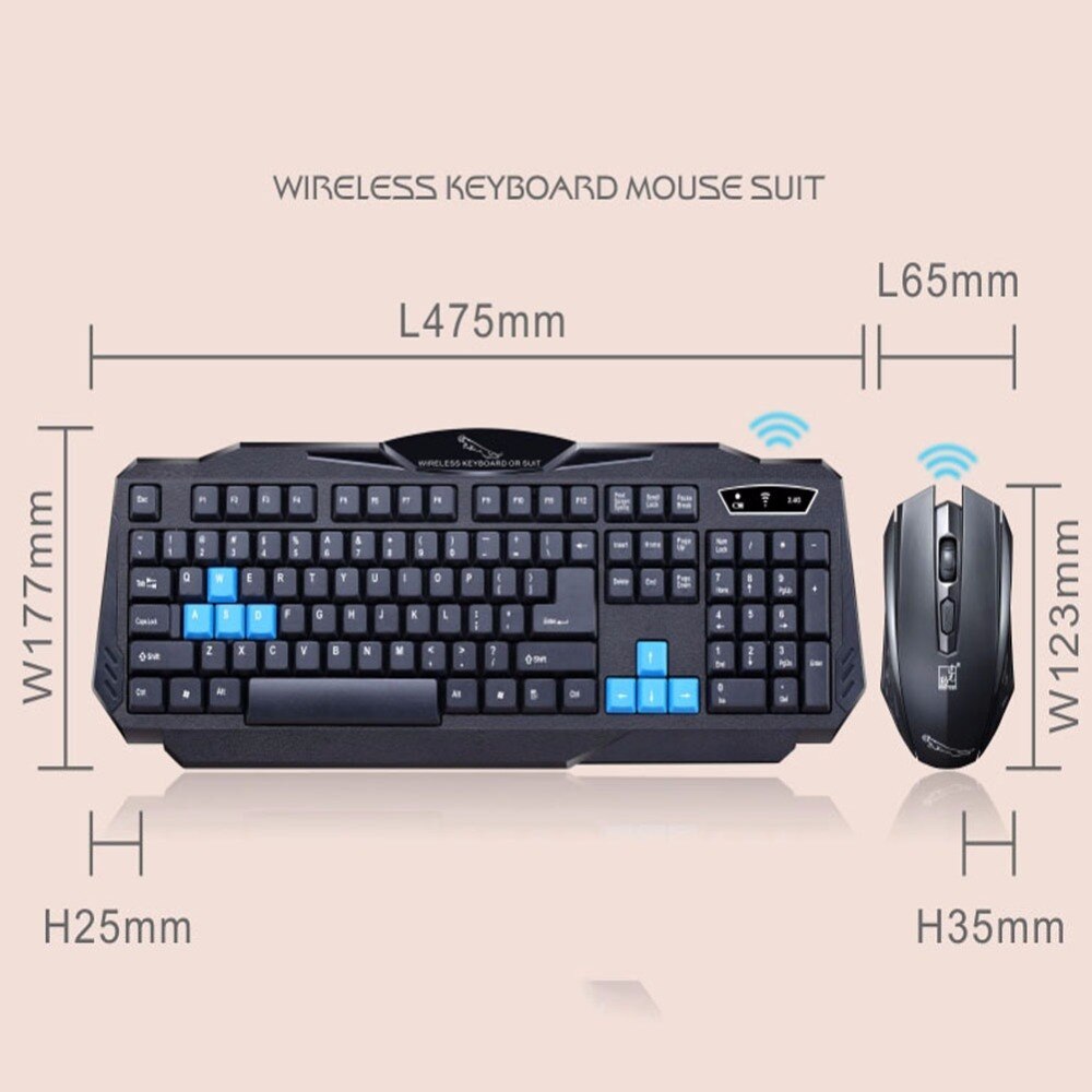 Wireless keyboard and mouse set with dimensions on a beige background