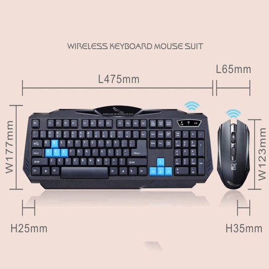 Wireless keyboard and mouse set with dimensions on a beige background