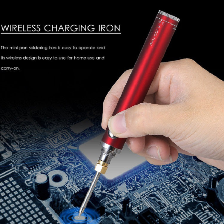 Red wireless charging iron held by a hand with text on a black background
