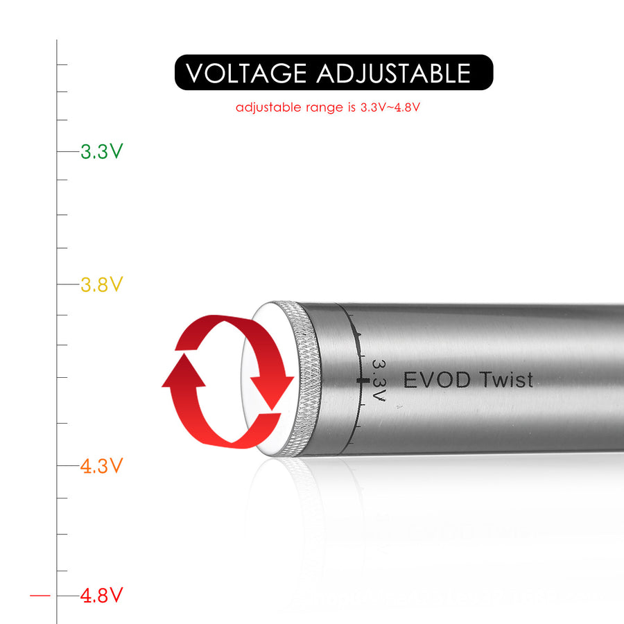 EVOD Twist battery with voltage scale on a white background