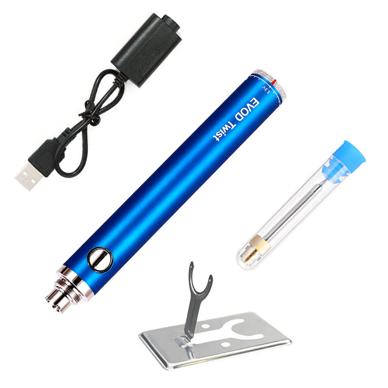 Blue electronic device with accessories on a white background