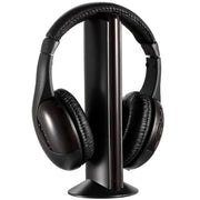 Black headphones on a stand against a white background