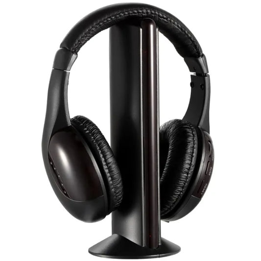 Black headphones on a stand against a white background
