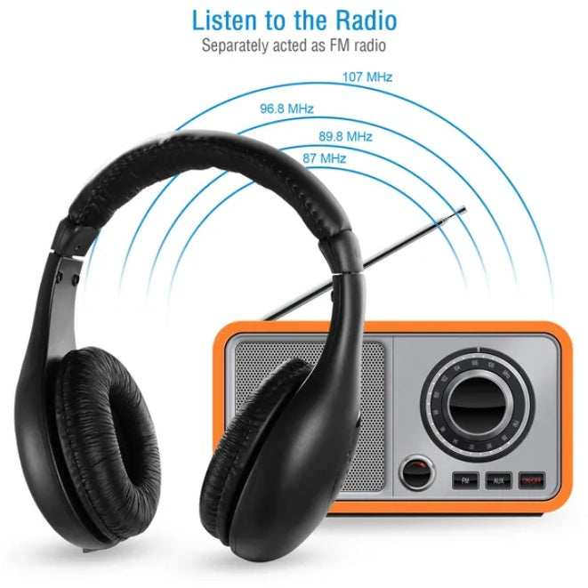 Black headphones with an orange and gray radio on a white background