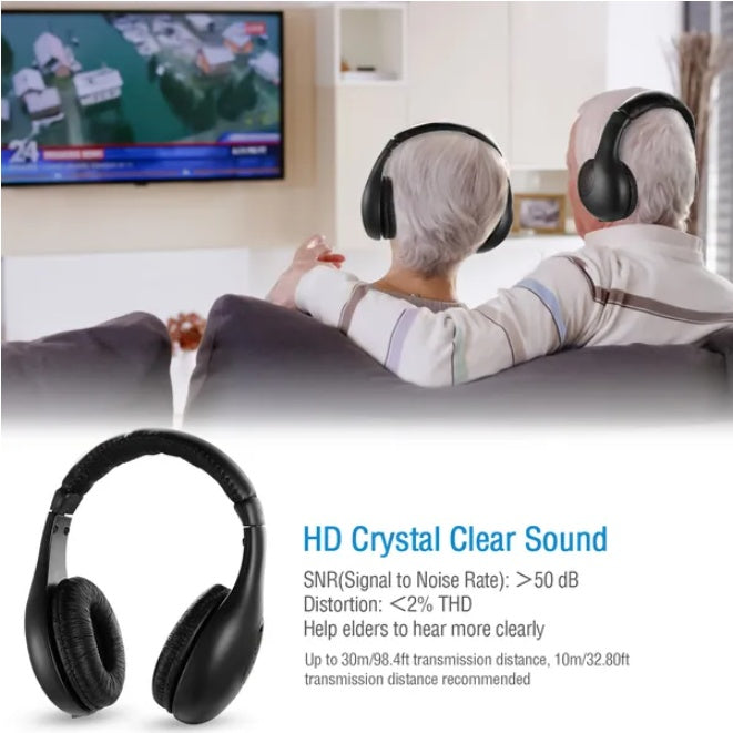 Two people wearing headphones watching TV with product details on HD crystal clear sound.