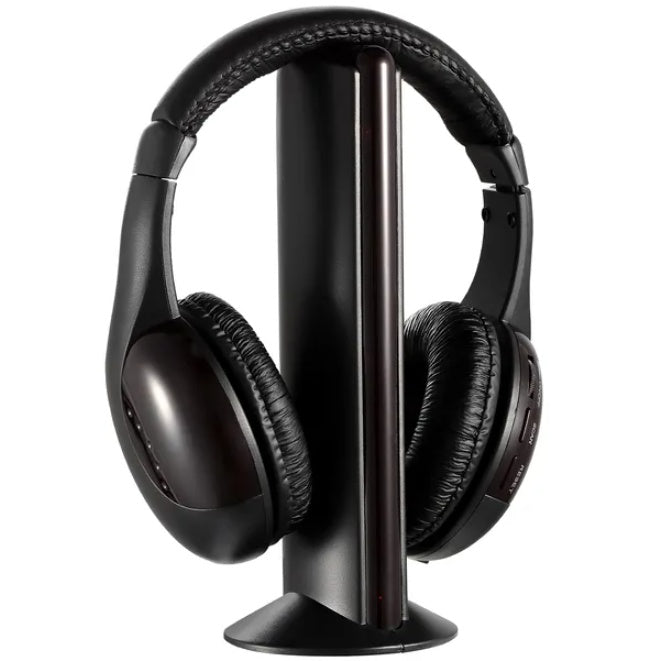 Black headphones on a stand against a white background